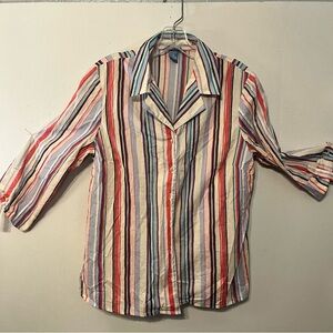 Koret blouse top button multi colored stripes 3/4 sleeve 100% cotton medium.